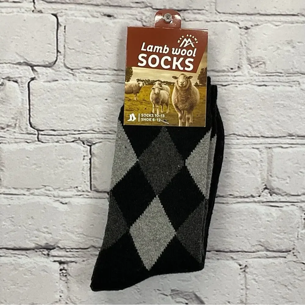 Max Adams Lamb Wool Socks Men's Size 10-13 Black Gray Argyle 2 Pair Casual Comfy